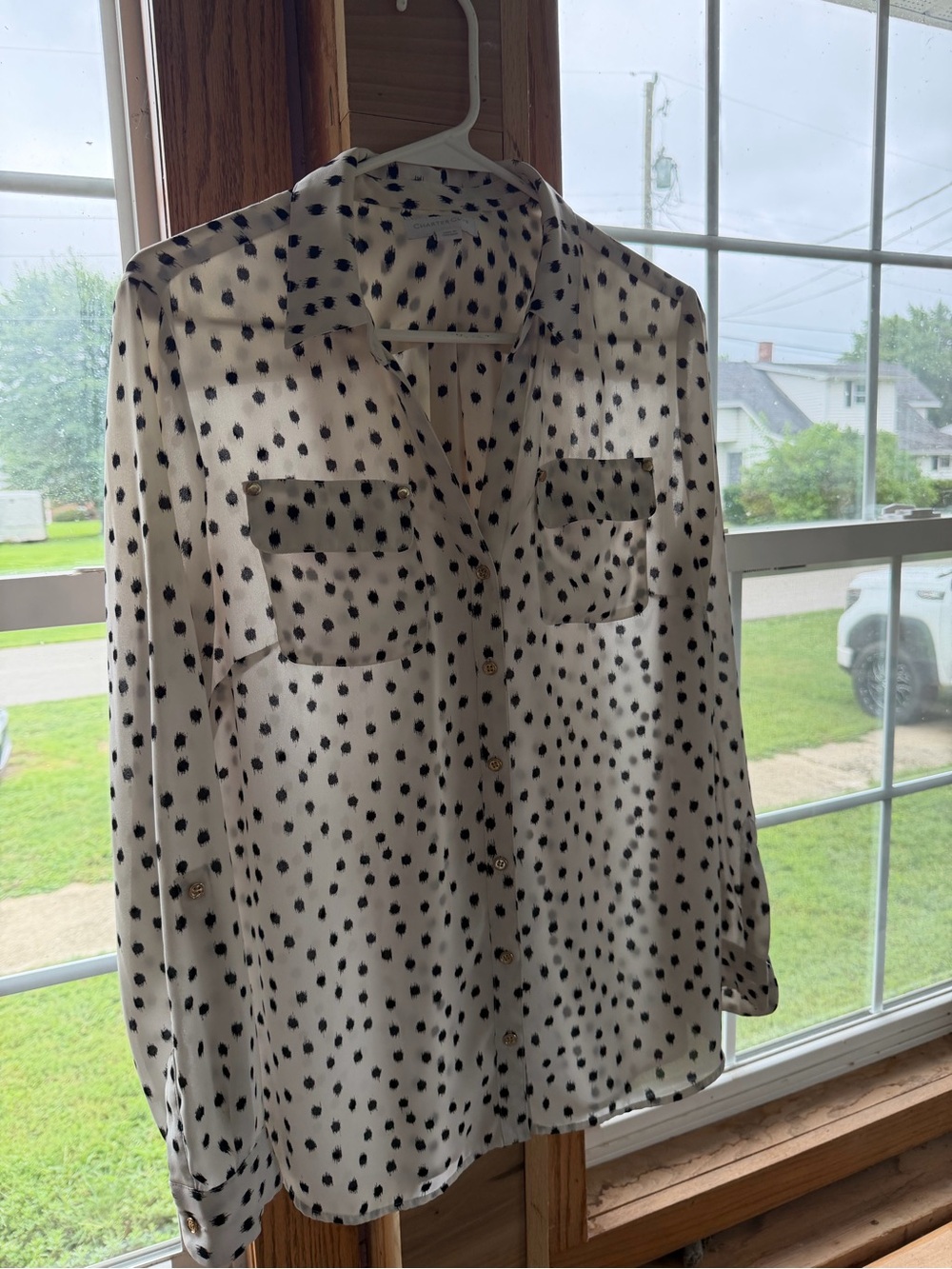 Charter Club White Silk-Look Black Dot Button-Up Blouse